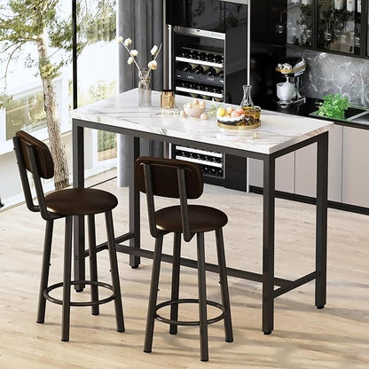 AWQM 3 Piece Bar Table Set of 2,39.3" Pub Bar Table and Chairs Set,Faux Marble Bar Height Table with 2 Backrest Stools,Small Dining Table for 2,Kitchen Table Set for Small Space,White & Brown(2 Set)