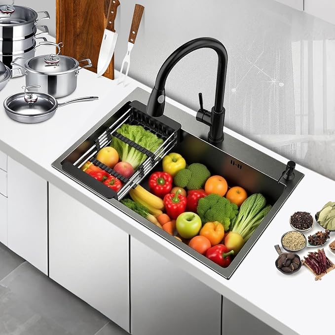 33 Inch Drop In Kitchen Sink, Top mount SUS304 Stainless Steel Nano Gunmetal Black Single Bowl Sink, Prep Kitchen, Bar 33 x 22 x 9 inch