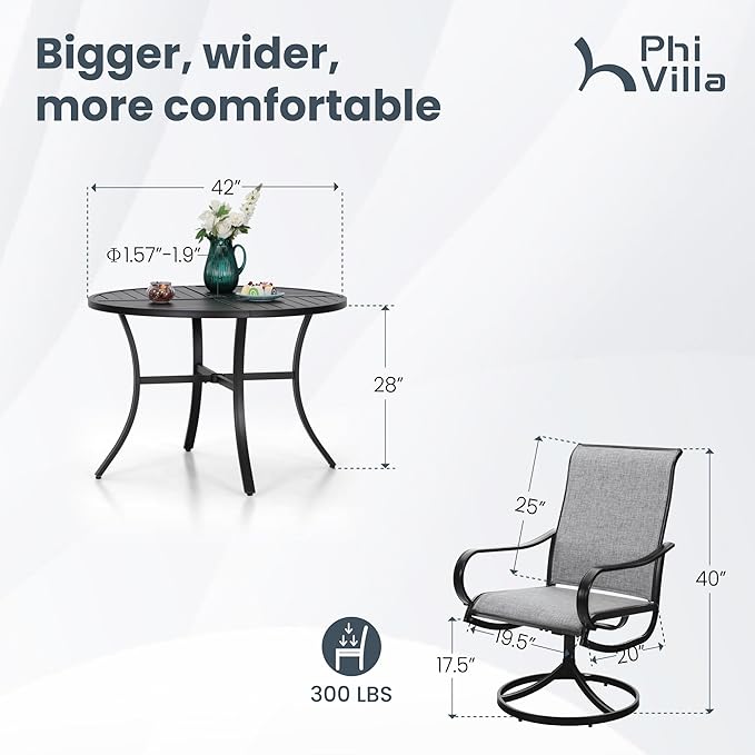 PHI VILLA 5 Piece Outdoor Patio Dining Set with 4 Swivel Dining Chairs & 1 Large Round Dining Table, Gray Textilene Mesh Fabric Chair and Round Metal Table for All Weather Deck Lawn Garden