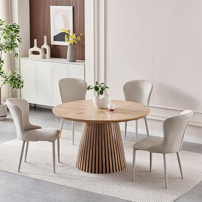 47 inch Round Dining Table for 4-6, Wooden Circle Round Kitchen Table with Wood Strip Pedestal Base, Modern Farmhouse Round Dining Room Table for Family Meals, Gatherings, Dinner Party, Living Room