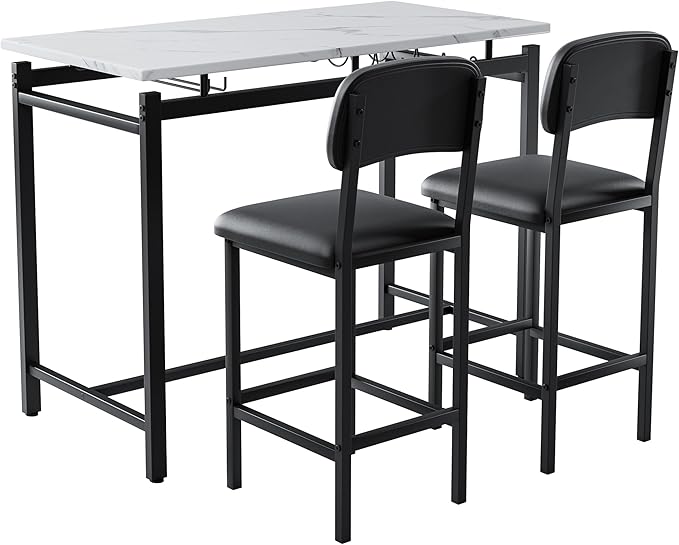 Modern Bar Height Table and Chairs Set - Compact Bar Table and Chairs for 2, Perfect as Small Kitchen Table, Kitchen Island with Seating, or Dining Table with Chairs (Black)