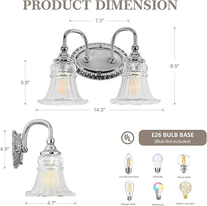 2-Light Bathroom Light Fixtures Vintage Chrome Vanity Lights Over Mirror with Floral Glass Shade for Bathroom Powder Room, Living Room Hallway