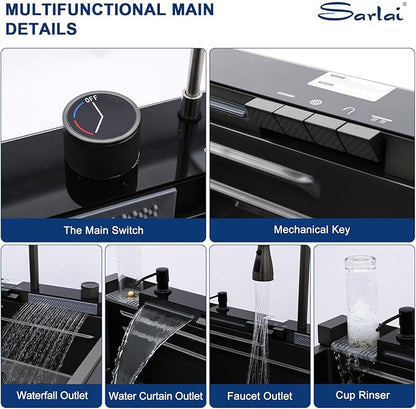 Sarlai Waterfall Kitchen Sink - 30 Inch Drop In Workstation Sink With Waterfall Black Stainless Steel 16 Gauge Multifunction Single Bowl Smart Top Mount Kitchen Sinks with Mechanical Keys 30x19 Inch