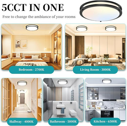 16Inch LED Ceiling Light Fixtures, Flush Mount Light Fixtures 50W, 5CCT Adjustable 2700K 3000K 4000K 5000K 6500K, Close to Ceiling Light for Kitchen Hallway Bathroom Kitchen Bedroom Black 2 Packs