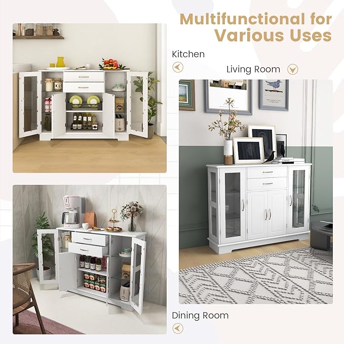 LOKO Modern Buffet Cabinet with Storage, Sideboard Credenza Cabinet with Two Drawers and Three Cabinets, Kitchen Buffet Storage Cabinet with Framed Tempered Glass Doors, 42 x 12 x 32 Inches (White)
