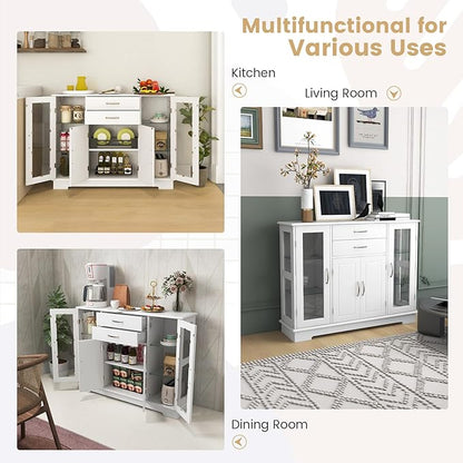 LOKO Modern Buffet Cabinet with Storage, Sideboard Credenza Cabinet with Two Drawers and Three Cabinets, Kitchen Buffet Storage Cabinet with Framed Tempered Glass Doors, 42 x 12 x 32 Inches (White)