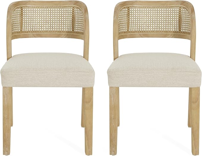 Christopher Knight Home Selwyn Dining Chairs Set of 2, Modern Dining Chair with Fabric Upholstery and Curved Back, Rubberwood Frame Kitchen Chairs with Cane Webbing, Accent Chairs, Beige+Natural