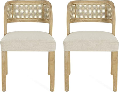 Christopher Knight Home Selwyn Dining Chairs Set of 2, Modern Dining Chair with Fabric Upholstery and Curved Back, Rubberwood Frame Kitchen Chairs with Cane Webbing, Accent Chairs, Beige+Natural