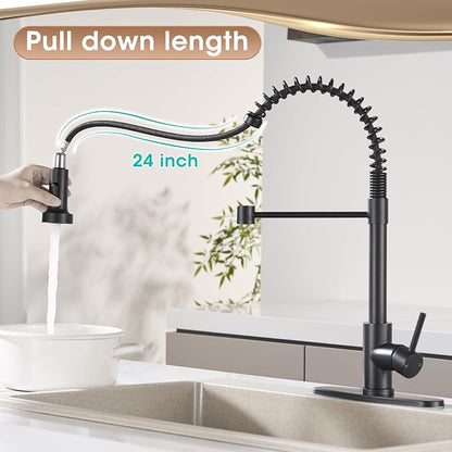 Kitchen Faucet with Pull Down Sprayer, Matte Black High Arc Single Handle Spring Pull Out Stainless Steel Faucet for Kitchen Sink, 2 Mode Utility Ideal for Laundry Camper Bar RV Room