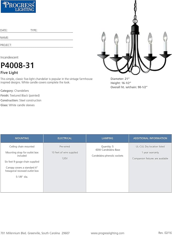 Progress Lighting Five-Light White Candles Traditional Chandelier Light, P4008-31, Textured Black