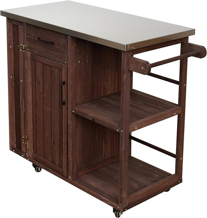JIJIWANG 35.6" Outdoor Kitchen Island with Stainless Steel Top and Towel and Spice Racks, Rolling Kitchen Island with Storage for Small Spaces Patio Dark Brown