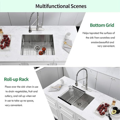 Undermount Kitchen Sink, 24 x 19 x 10 Inch 16 Gauge Single Bowl Kitchen Sink T-304 Stainless Steel Laundry Sinks
