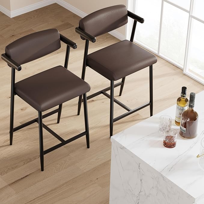 GarveeHome Counter Height Bar Stools of 4 with Armrests, 4 Piece Counter Height Bar Stools Set with Back, Upholstered Seat & Metal Footrest for Kitchen Islands, Counter Bars, Retro Brown