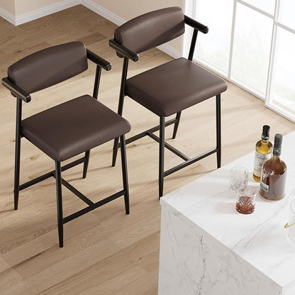 GarveeHome Counter Height Bar Stools of 4 with Armrests, 4 Piece Counter Height Bar Stools Set with Back, Upholstered Seat & Metal Footrest for Kitchen Islands, Counter Bars, Retro Brown