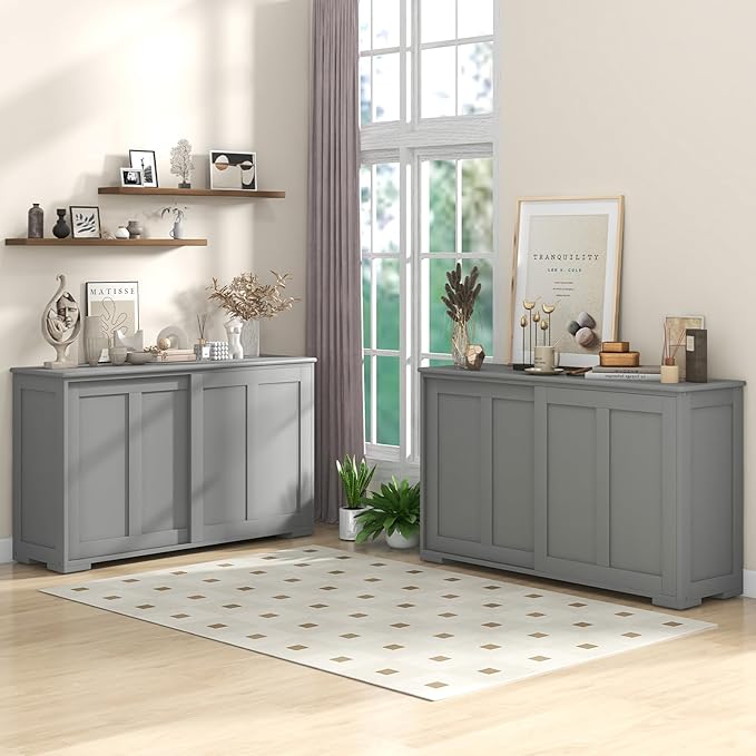 Giantex Buffet Cabinet with Storage, Coffee Bar Wine Cabinet, Farmhouse Sideboard w/Sliding Door, Adjustable Shelves, Cupboard, Kitchen Storage Cabinet, Buffet Table for Living Room Entryway, Grey