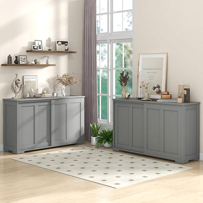 Giantex Buffet Cabinet with Storage, Coffee Bar Wine Cabinet, Farmhouse Sideboard w/Sliding Door, Adjustable Shelves, Cupboard, Kitchen Storage Cabinet, Buffet Table for Living Room Entryway, Grey