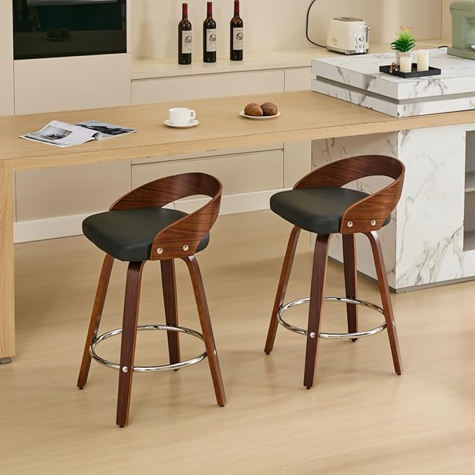 Bar Stools Set of 2, Mid Century Modern Swivel Stools with Low Back, 25" Counter Height Wooden Bar Chairs with Soft Faux Leather Cushion, for Kitchen Island, Bar & Home,Black