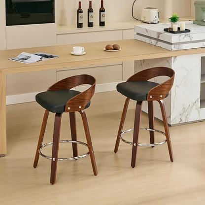 Bar Stools Set of 2, Mid Century Modern Swivel Stools with Low Back, 25" Counter Height Wooden Bar Chairs with Soft Faux Leather Cushion, for Kitchen Island, Bar & Home,Black