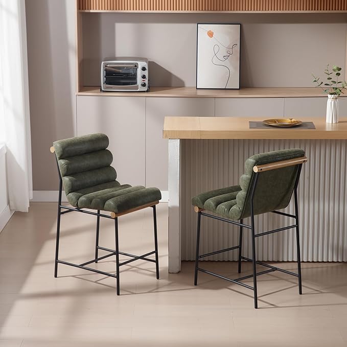 Green Pu Leather Bar stools Set of 6, 25” Modern Upholstered Counter stools with Black Metal Legs, Armless Counter Height Chairs with Channel Tufted Back for Kitchen Island Home Pub
