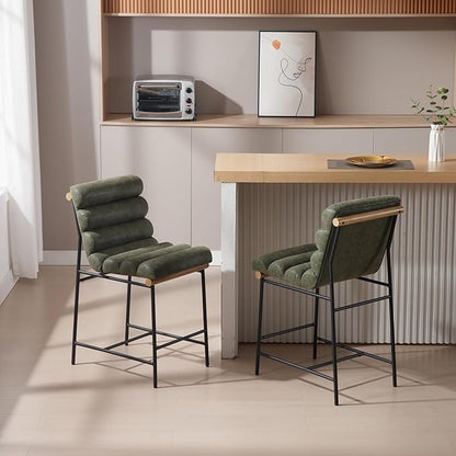 Green Pu Leather Bar stools Set of 6, 25” Modern Upholstered Counter stools with Black Metal Legs, Armless Counter Height Chairs with Channel Tufted Back for Kitchen Island Home Pub