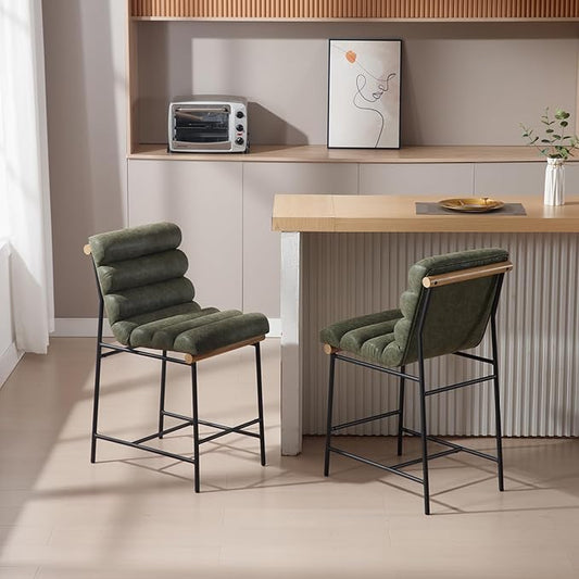 Green Pu Leather Bar stools Set of 6, 25” Modern Upholstered Counter stools with Black Metal Legs, Armless Counter Height Chairs with Channel Tufted Back for Kitchen Island Home Pub