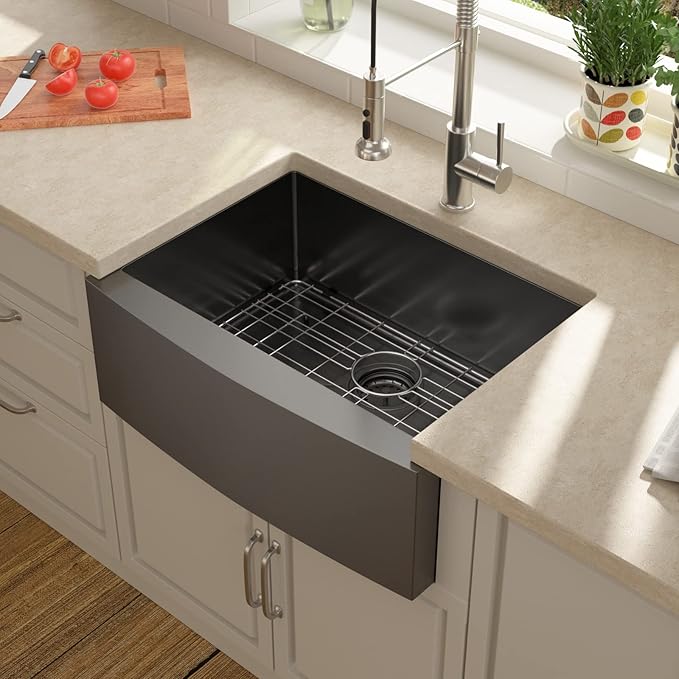 Lordear 28 Inch Black Farmhouse Sink Apron Front 16 Gauge Stainless Gunmetal Black Single Bowl Farmhouse Kitchen Sinks 28x21 Inch Barn Farm Sink