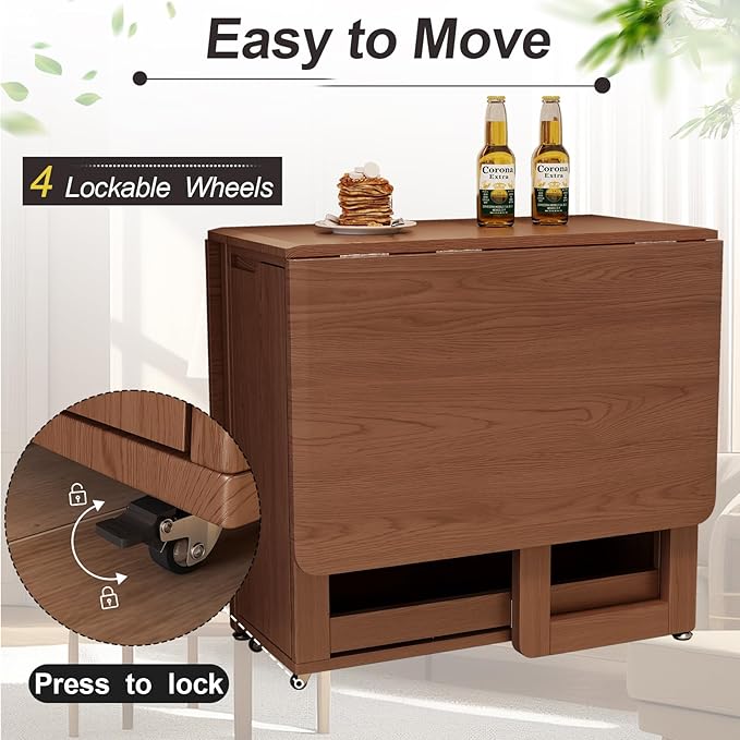Solid Wood Folding Dining Table Extendable Dining Room Table 4 chairs, Wooden Dining Desk with Storage Wheel,Mid Century Modern Kitchen Table,Drop Leaf Table for Apartment,Living room,Walnut