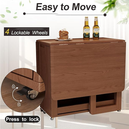 Solid Wood Folding Dining Table Extendable Dining Room Table 4 chairs, Wooden Dining Desk with Storage Wheel,Mid Century Modern Kitchen Table,Drop Leaf Table for Apartment,Living room,Walnut