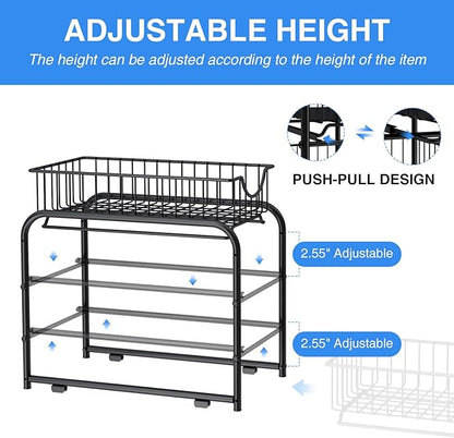 Pull-out Cabinet Organizer, Stackable 2-tier Under Sink Rack, with Sliding Storage Drawer for Pantry, and Desktop, for Bathroom, Kitchen, Office, Black