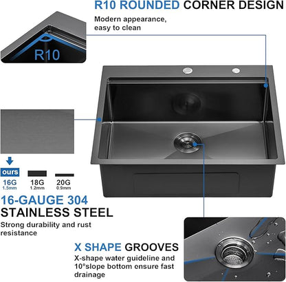 Scamall 28x22x10 Drop In Kitchen Sink Workstation, Nano Black 304 Stainless Steel Deep Single Bowl with Quick Drainage & Tarnish-Free Surface for Bar, Laundry, RV, Includes Accessories