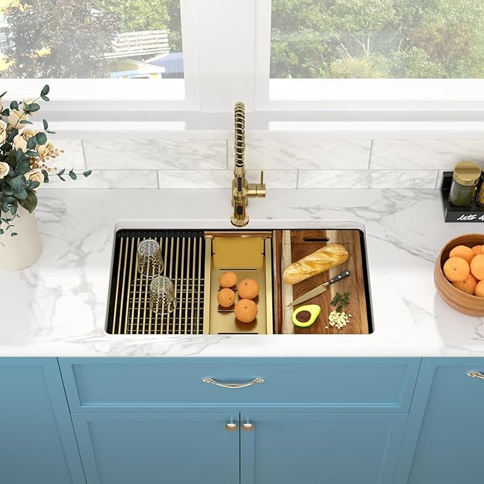 Sarlai 32 Granite Composite Kitchen Sink - 32"x19" Black Undermount Kitchen Sink Ledge Workstation Matte Black Granite Quartz Composite Under-Mount Single Bowl Sinks Basin with Gold Accessories