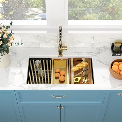 Sarlai 32 Granite Composite Kitchen Sink - 32"x19" Black Undermount Kitchen Sink Ledge Workstation Matte Black Granite Quartz Composite Under-Mount Single Bowl Sinks Basin with Gold Accessories
