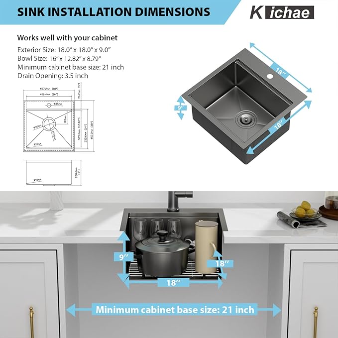 Kichae Black Drop In Bar Sink- 18x18 Small Overmount Topmount Stainless Steel RV Sink Single Bowl Ledge Workstation Bar Prep Handmade Basin