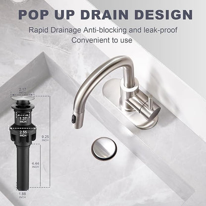 Bathroom Faucet with Pull Down Sprayer, Sink faucets Pull Out Faucet with Pop-Up Drain, 1 or 3 Hole Laundry Bar Basin Faucet with Deck Plate,Brushed Nickel