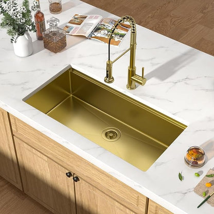 36 Gold Undermount Kitchen Sink - Workstation All-In One 16 Gauge Stainless Steel Single Bowl Handmade Large Sink for Kitchen with Mixing Board and Pasta Strainer #TLU-0050