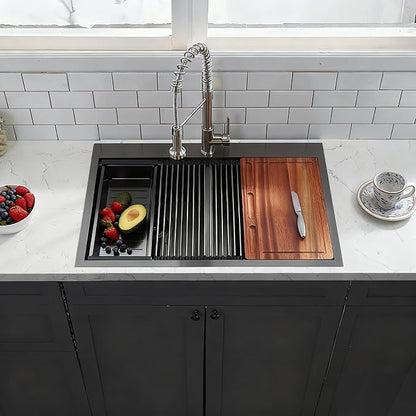 Comllen 33''× 22''× 10'' Kitchen Sink 16-gauge 304 stainless Gunmetal Black, Stainless Steel Drop in Double Basin Kitchen Sinks with Accessories