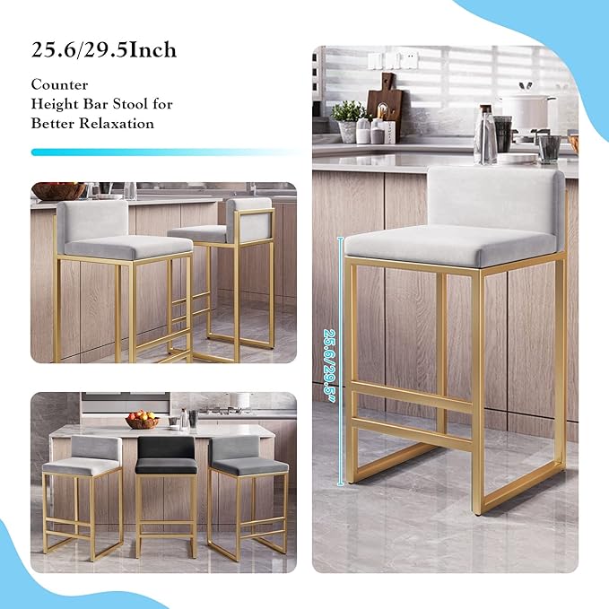 Velvet Stools with Low Back Mid-Century Upholstered Armless Chairs for Kitchen Island Home Pub Grey + Gold Sitting Height 65cm (White + Gold 25.6in)