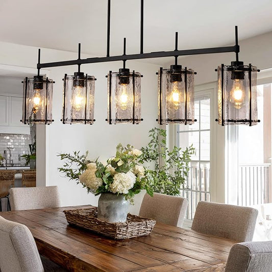 Farmhouse Linear Chandelier for Dining Room,Kitchen lsland Light Fixtures,5 Light Glass Chandeliers with Matte Black Finish,Height Adjustable L39.3”+W6.1”