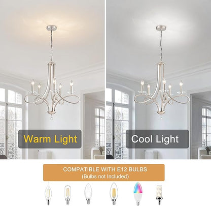 Modern Brushed Nickel Finish Chandeliers, 5-Lights Farmhouse Candle Scroll Arms Dining Room Light Fixture Industrial Ceiling Hang Light Fixture