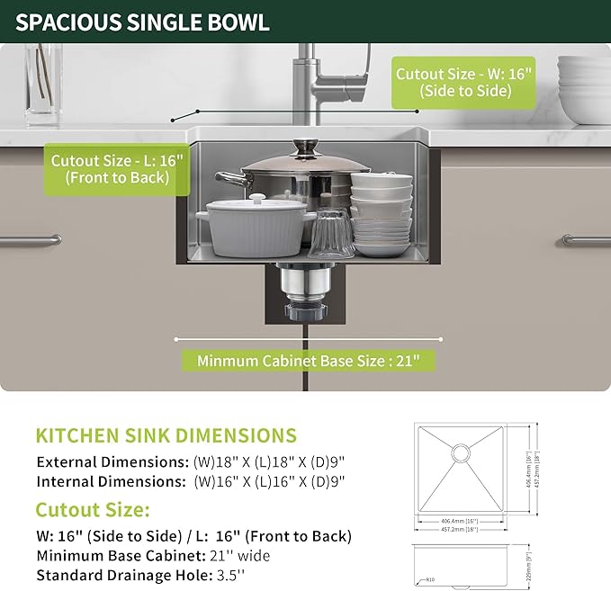 18-Inch Undermount Kitchen Bar Sink, SINKVINE Stainless Steel Indoor and Outdoor Sink for Laundry RV, 9-inch Deep Single Bowl with 3.5-inch Drain Strainer, Bottom Rise Grid, Roll-up Drying Unit, 18x18