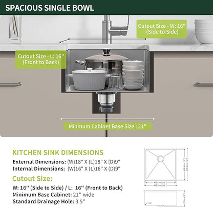18-Inch Undermount Kitchen Bar Sink, SINKVINE Stainless Steel Indoor and Outdoor Sink for Laundry RV, 9-inch Deep Single Bowl with 3.5-inch Drain Strainer, Bottom Rise Grid, Roll-up Drying Unit, 18x18