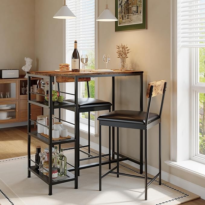 3-Piece Modern Dining Set, Dining Table Set with 2 Upholstered Bar Stools,Bar Table Set w/ Metal Frame&Built-in Wine Rack for Kitchen Dining Room Apartment Breakfast Nook 36"Lx 16.7"W x 37.2"H Retro