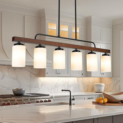 Farmhouse Dining Room Light Fixture Over Table, Black 6-Light Wood Kitchen Island Lighting with Milk White Glass, Industrial Linear Chandelier Pendant Lights
