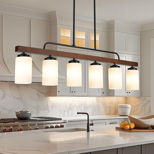 Farmhouse Dining Room Light Fixture Over Table, Black 6-Light Wood Kitchen Island Lighting with Milk White Glass, Industrial Linear Chandelier Pendant Lights
