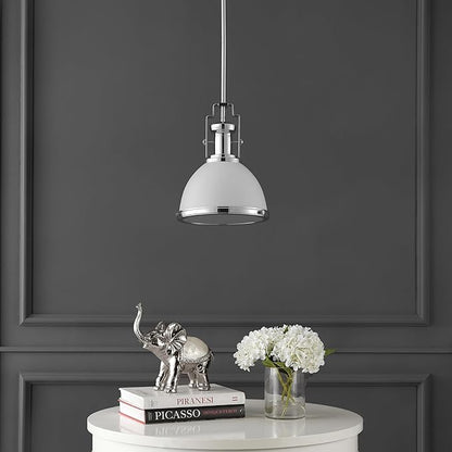 JONATHAN Y 10" Chrome/White Modern Industrial Iron LED Dome Pendant Light, Adjustable Hanging Fixture for Kitchen Island or Entryway, Black Metal Shade, LED Bulb Included (JYL9535C)