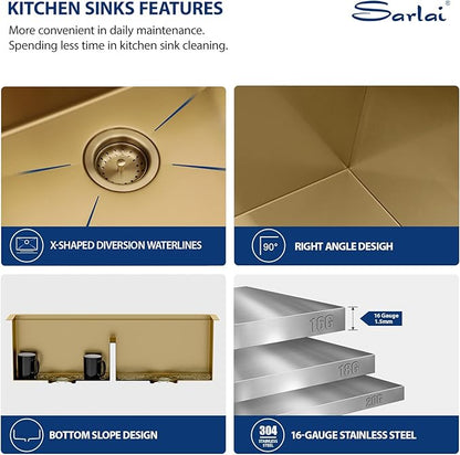 Sarlai 33 Inch Gold Undermount Kitchen Sink Double Bowl 33 x 19 Inch Low Divided Gold Workstation Double Kitchen Sink Stainless Steel 16 Gauge 50/50 Sinks Basin
