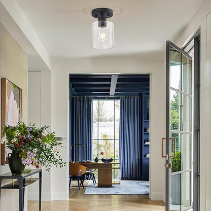 1 Light Semi Flush Mount Ceiling Light Black Kitchen Lighting Fixtures Ceiling Light Fixtures Small Hallway Lights with Clear Glass Shade for Bedroom Set of 2