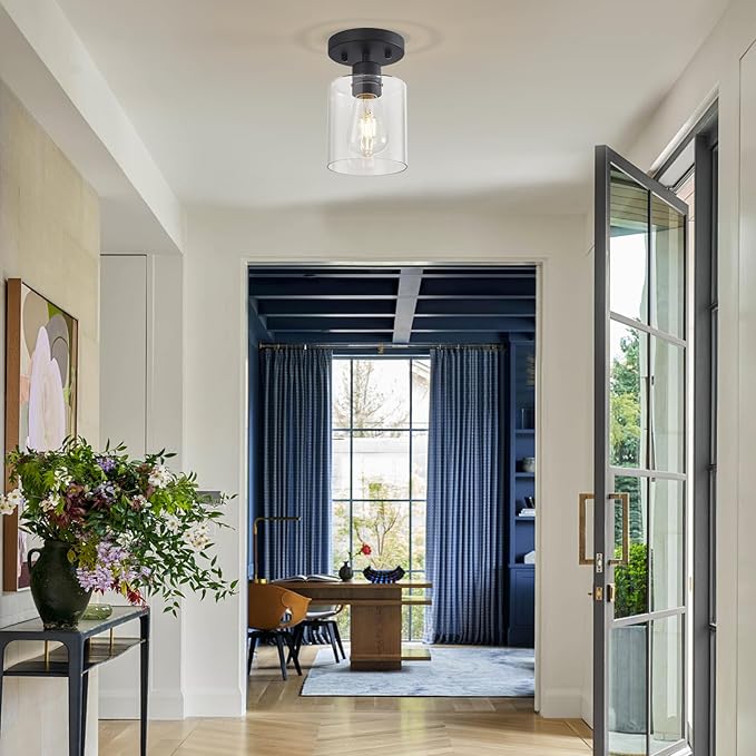 Black Semi Flush Mount Ceiling Light, 1-Light Ceiling Light Fixtures, Farmhouse Light Fixtures Ceiling Mount, Ceiling Lights with Glass Shade for Kitchen Hallway Foyer Entryway Bedroom(1 Pack)