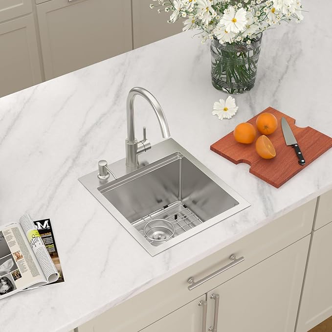 Dcolora Drop In Bar Sink 15x17x9 Inches, Workstation with Accessories, Brushed 304 Stainless Steel, Heavy Duty 16 Gauce, Small Single Bowl Perfect for Small Kitchen, Bar, Kitchen Island #DC-TW258004