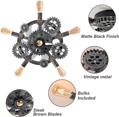 20" Retro Industrial Steampunk Ceiling Fans with Lights and Remote,Low Profile Flush Mount Bladeless Ceiling Fan with Light,Nautical Style 6 Speeds for Bedroom Kitchen Island Bar Cafe